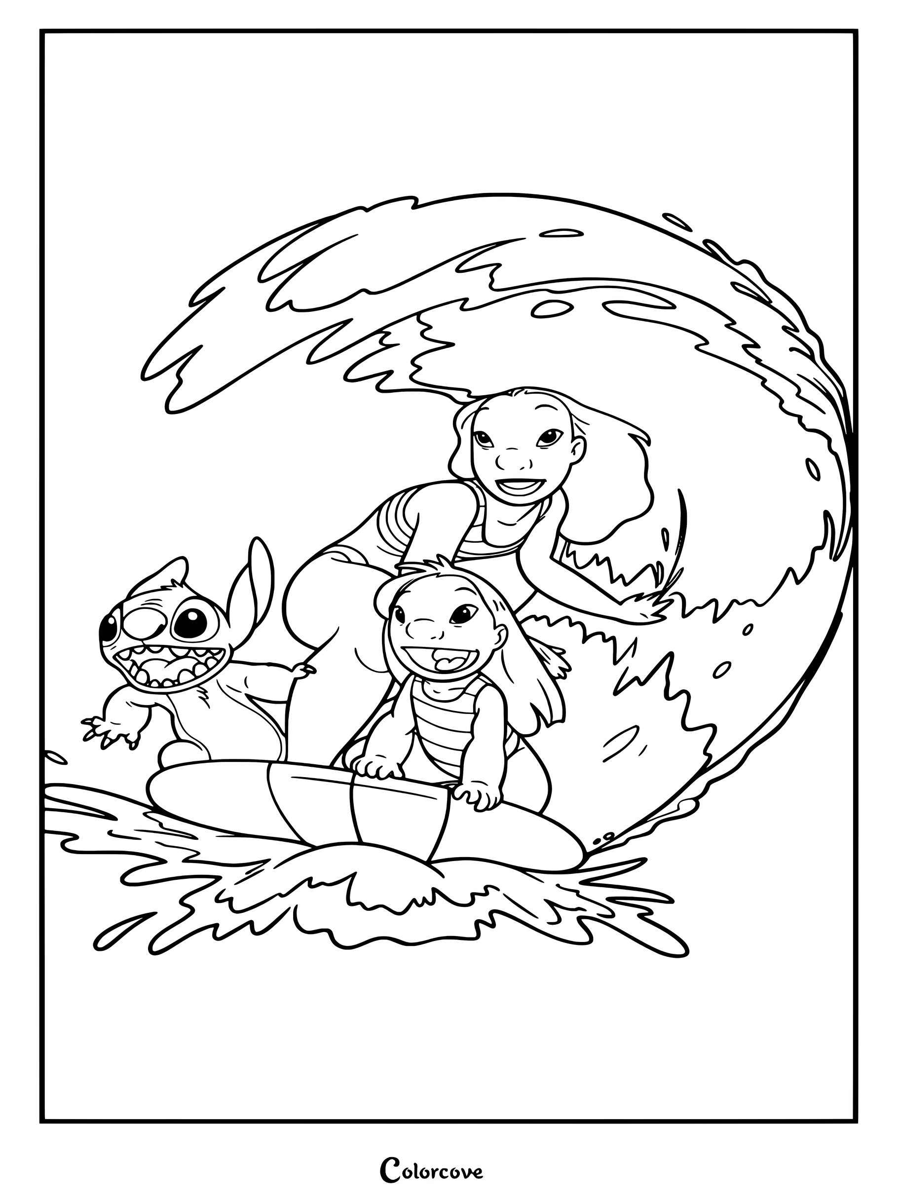 Un dibujo para colorear de Lilo y Stitch que muestra a Lilo, Nani y Stitch surfeando juntos sobre una ola.