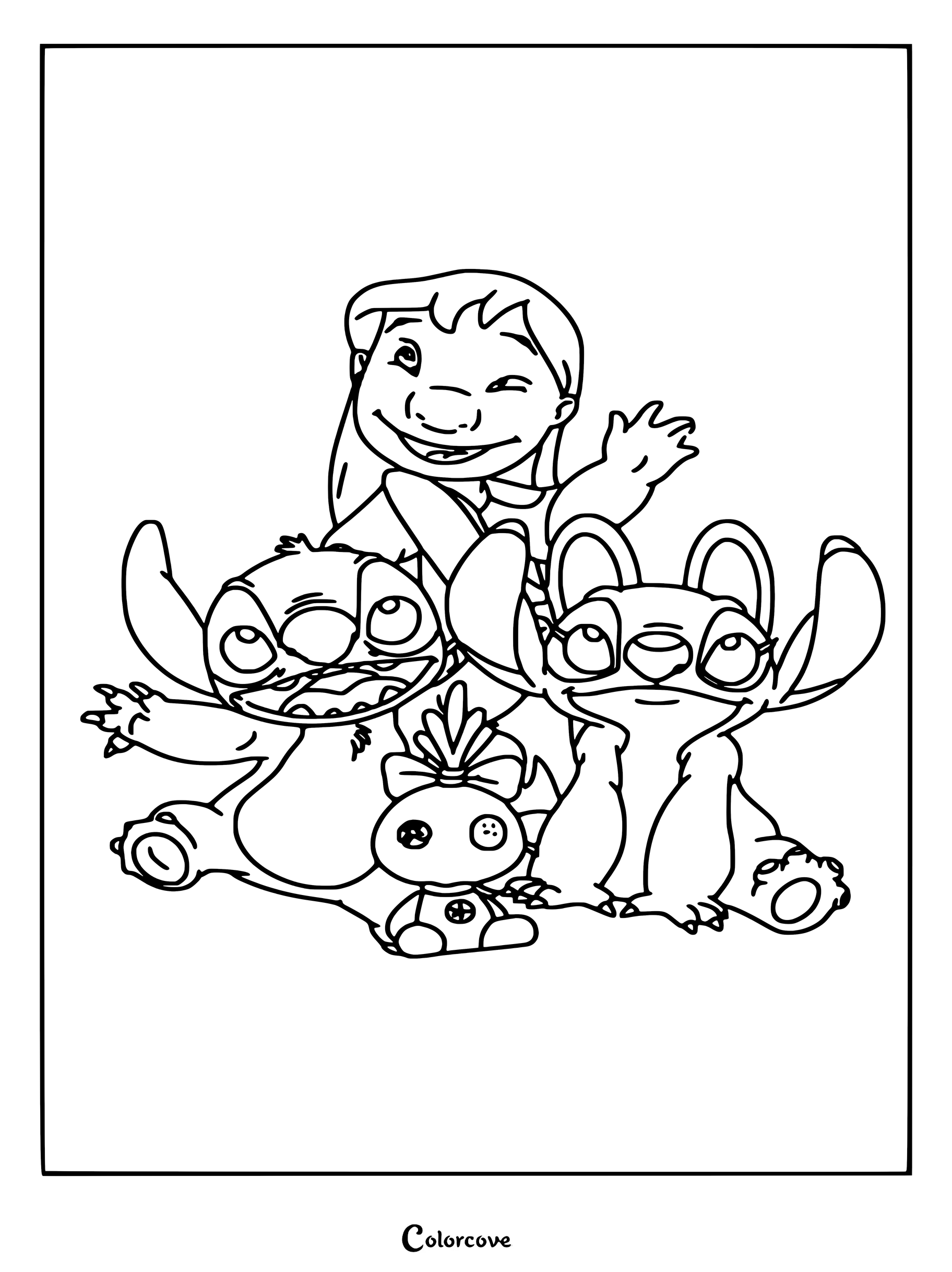 Dibujo para colorear de Lilo y Stitch con Lilo Pelekai, Stitch, Ángel y la muñeca Trapos sentados juntos.