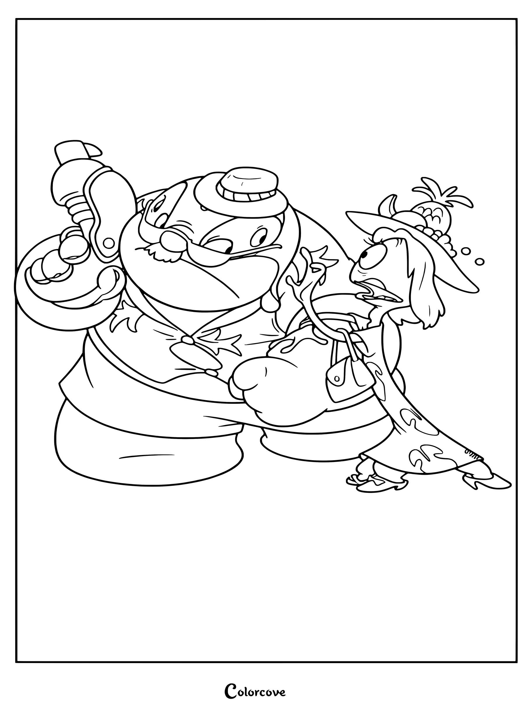 Dibujo para colorear de Lilo y Stitch con el Dr. Jumba Jookiba y el Agente Wendy Pleakley disfrazados de turistas humanos.