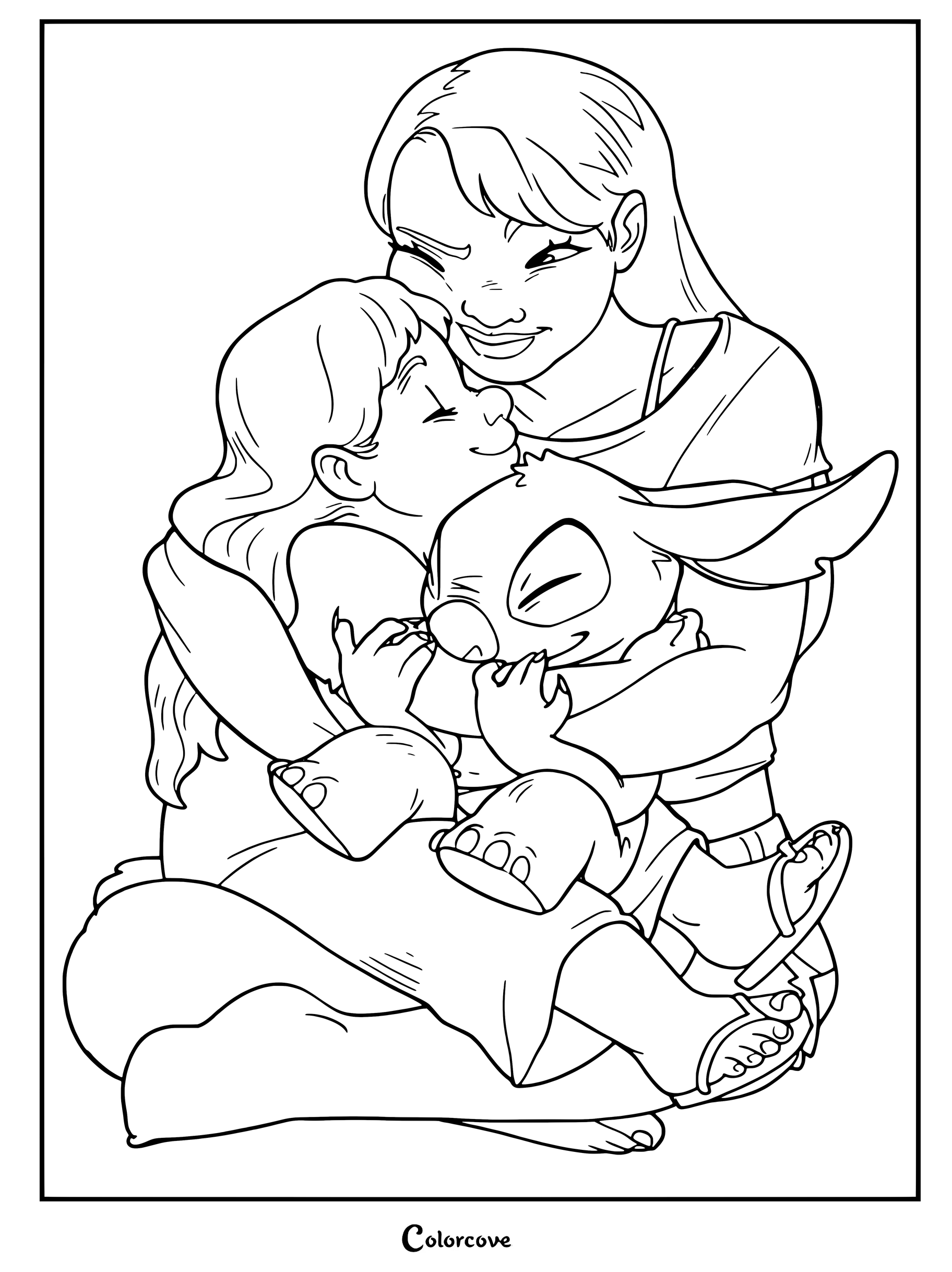 Un dibujo para colorear de Lilo y Stitch con un fan art de Lilo, su hermana mayor Nani y Stitch abrazándose.