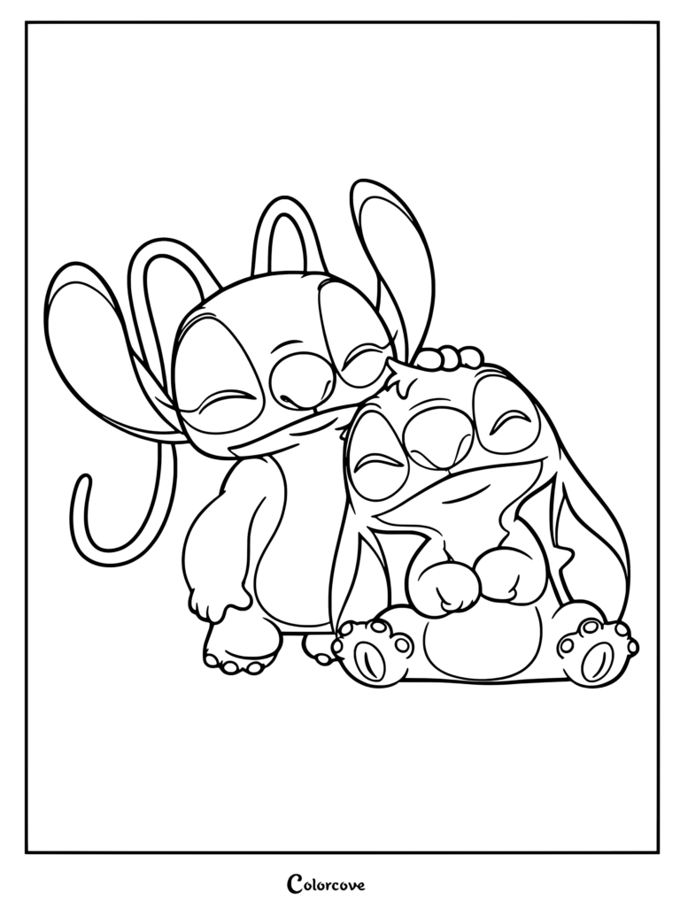 Dibujo para colorear imprimible de Lilo y Stitch con Ángel y Stitch acurrucados con ternura.