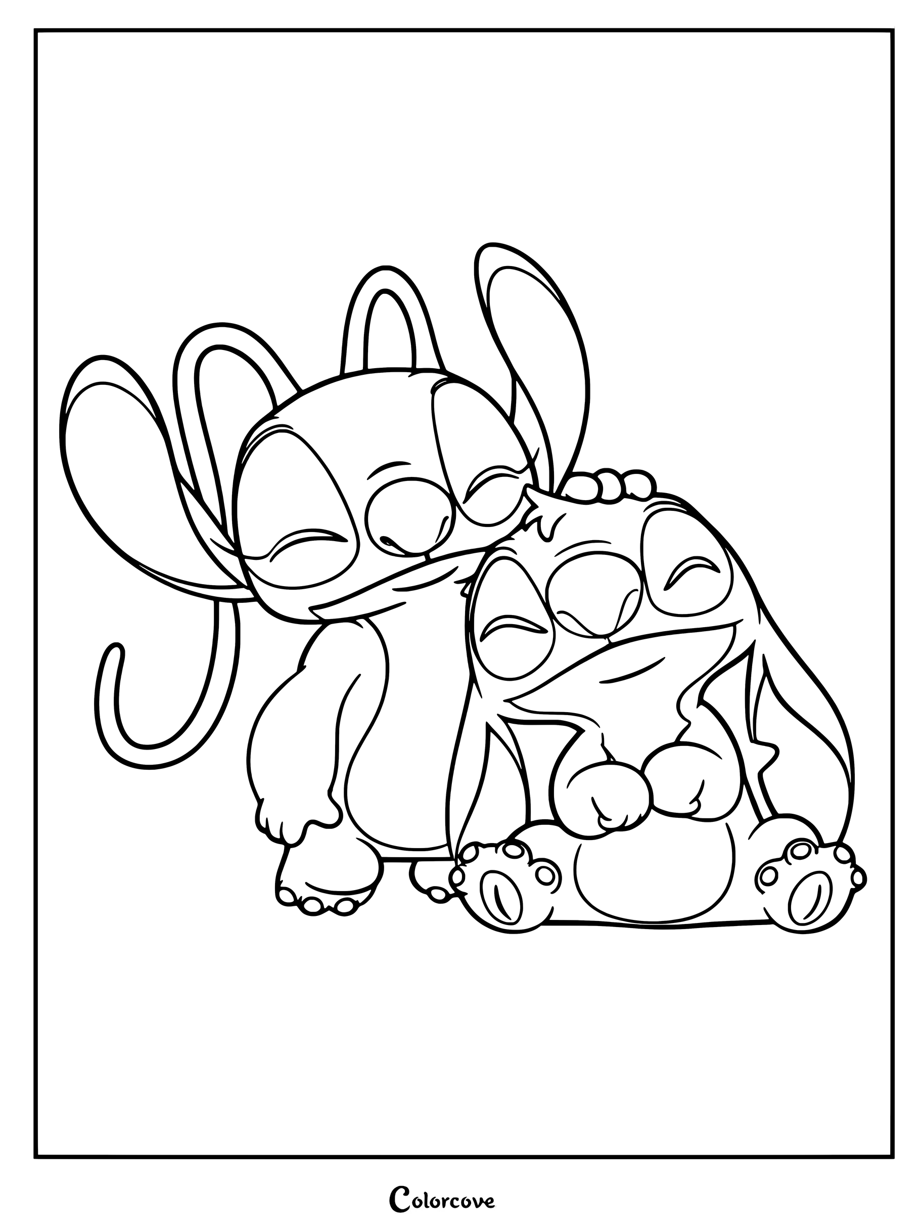 Dibujo para colorear imprimible de Lilo y Stitch con Ángel y Stitch acurrucados con ternura.