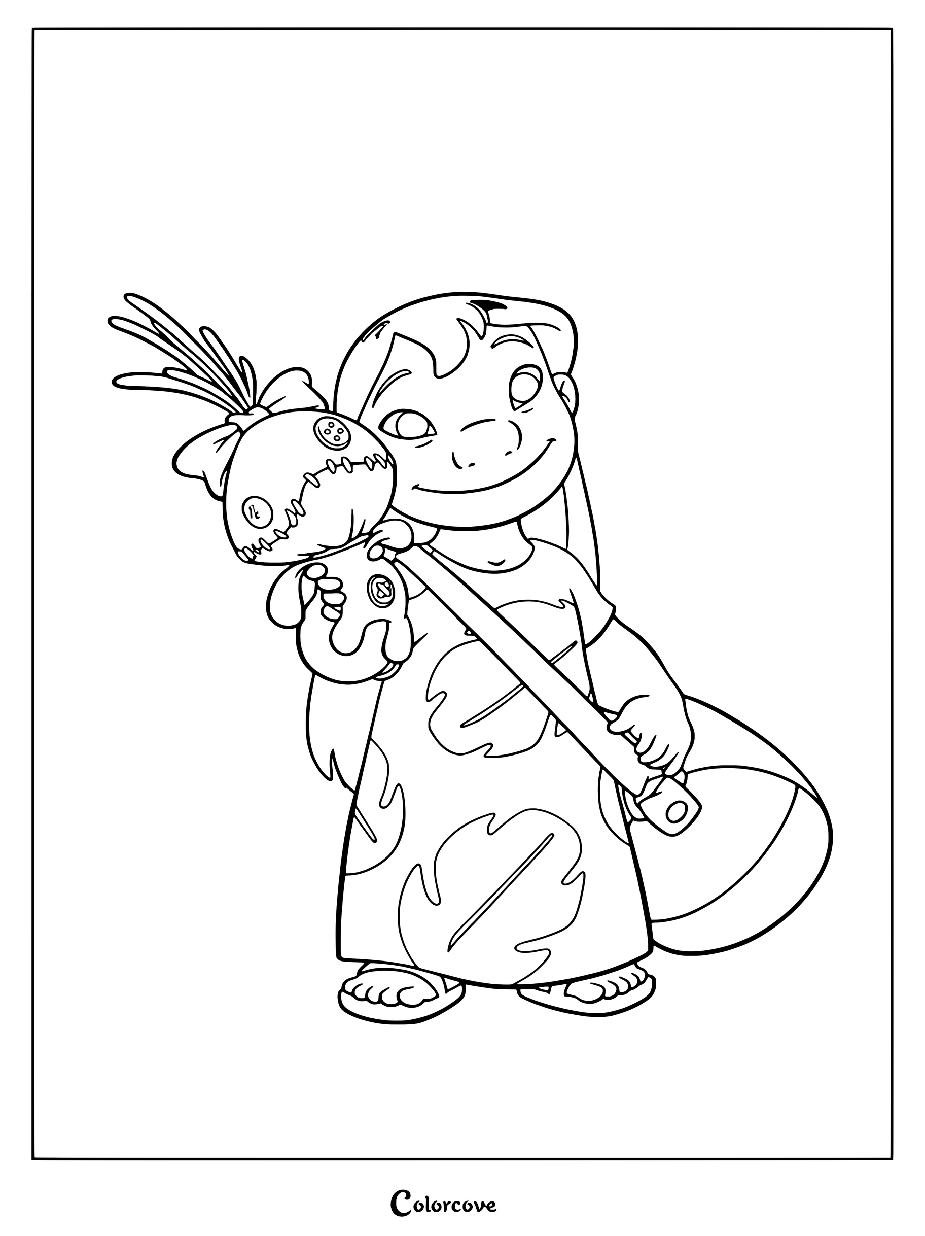 Lilo Pelekai de Lilo y Stitch sosteniendo su muñeca artesanal Trapos y un Ipu en un dibujo para colorear.