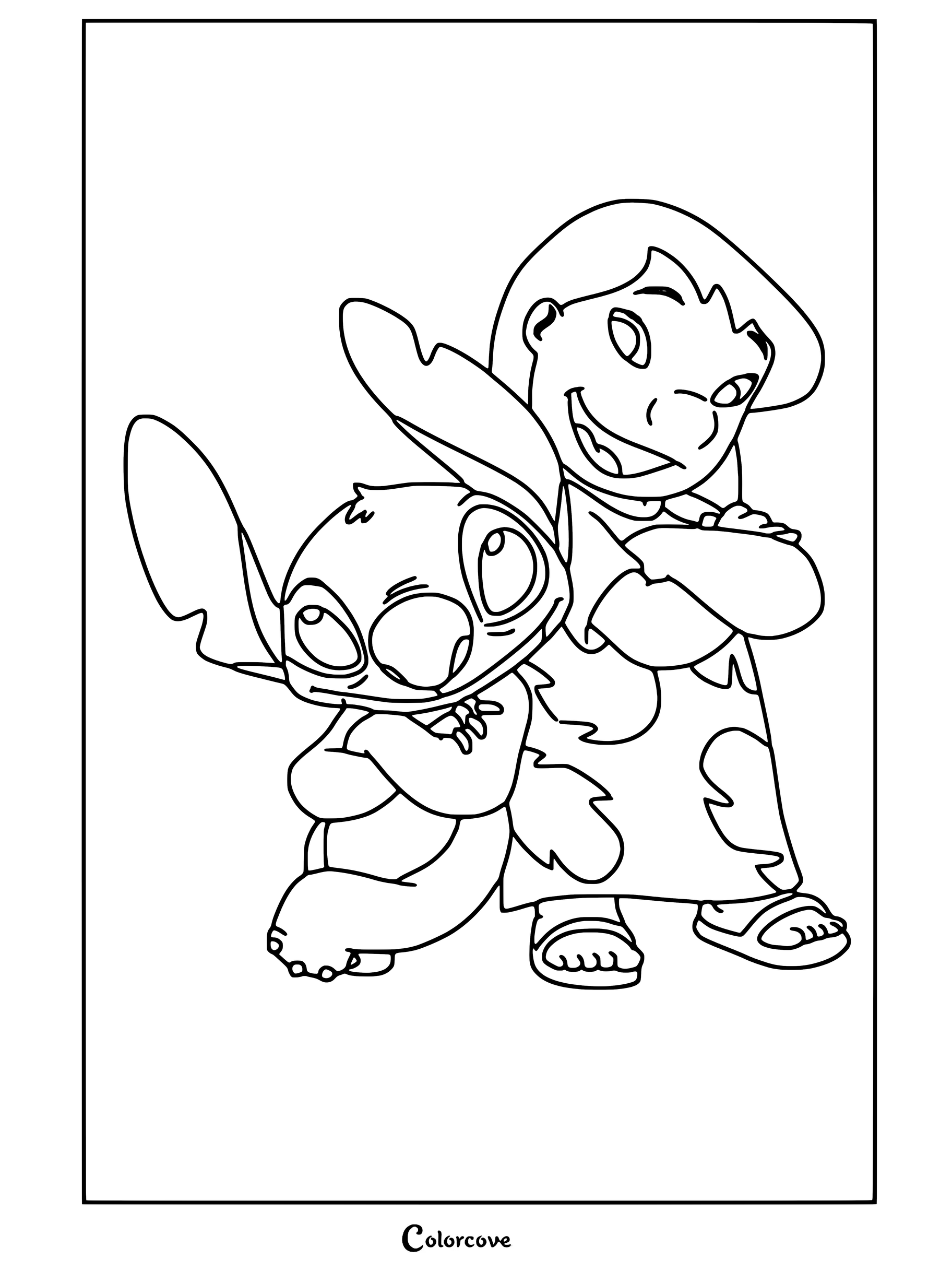 Dibujo para colorear de Lilo y Stitch que muestra a Lilo y Stitch de la película animada de Disney Lilo y Stitch de espaldas con los brazos cruzados.