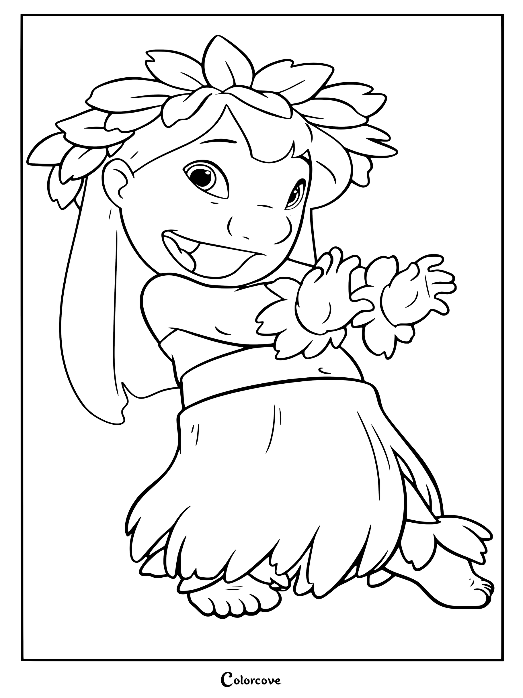 Dibujo para colorear de Lilo, de la película de Disney Lilo y Stitch, con un atuendo tradicional verde de Hula.