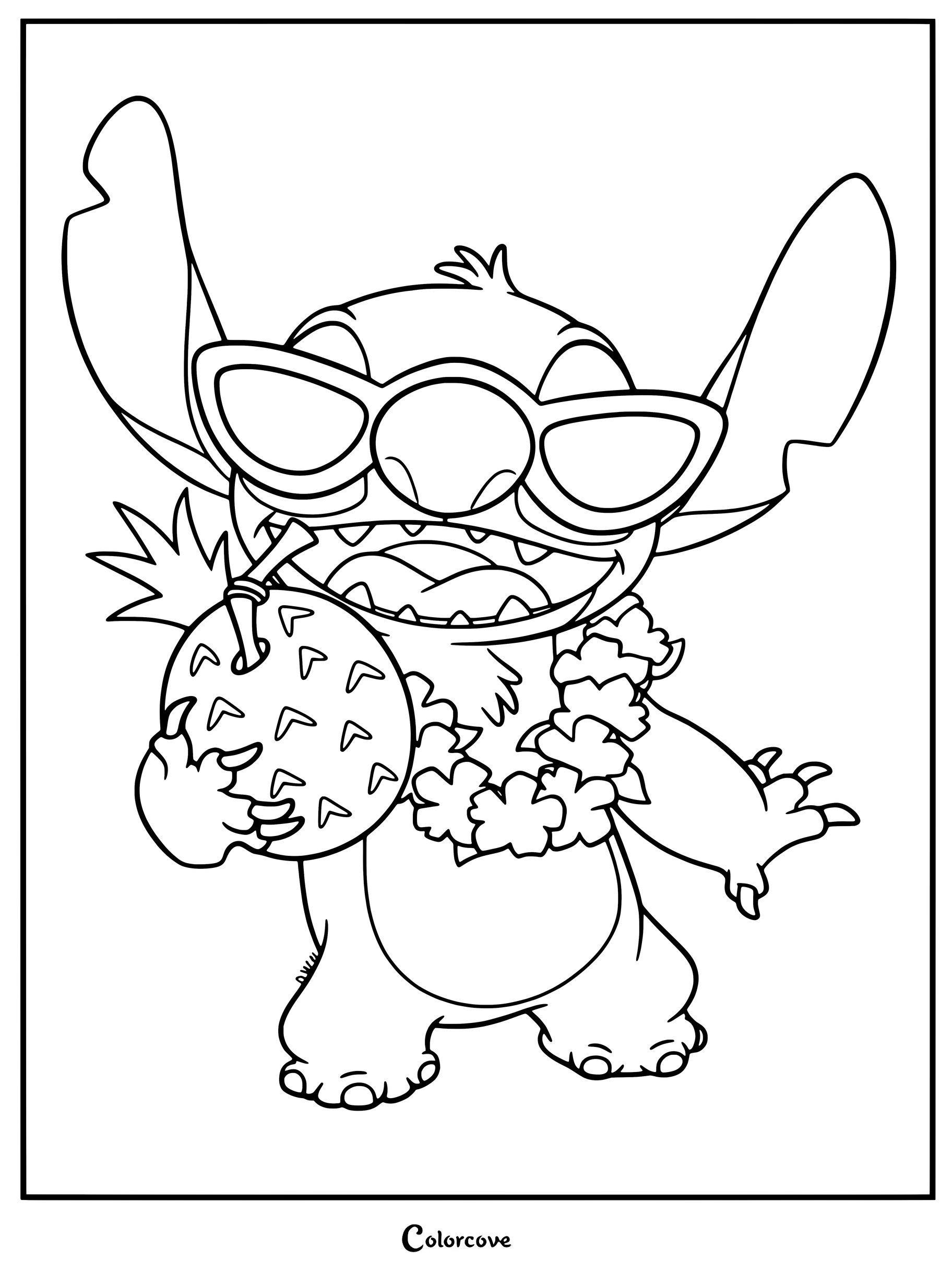 Dibujo para colorear de Lilo y Stitch con Stitch llevando gafas de sol y un Lei de flores mientras sostiene una bebida de piña con pajita.