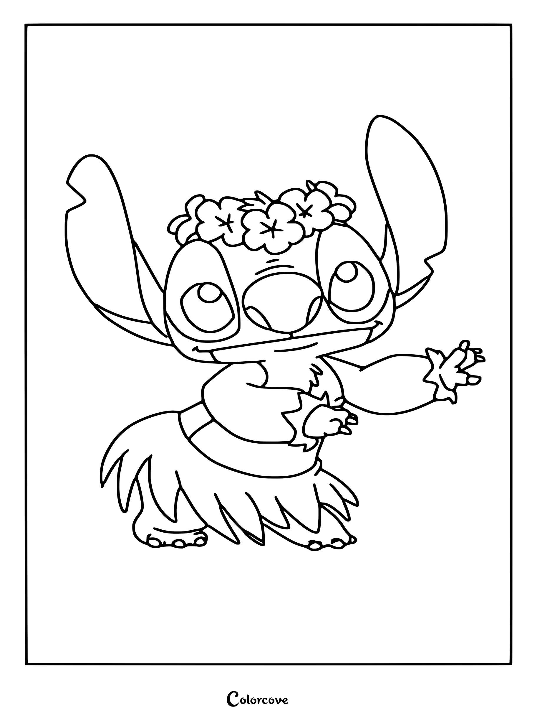 Dibujo para colorear de Stitch, de la película de Disney Lilo y Stitch, con un atuendo tradicional verde de Hula.