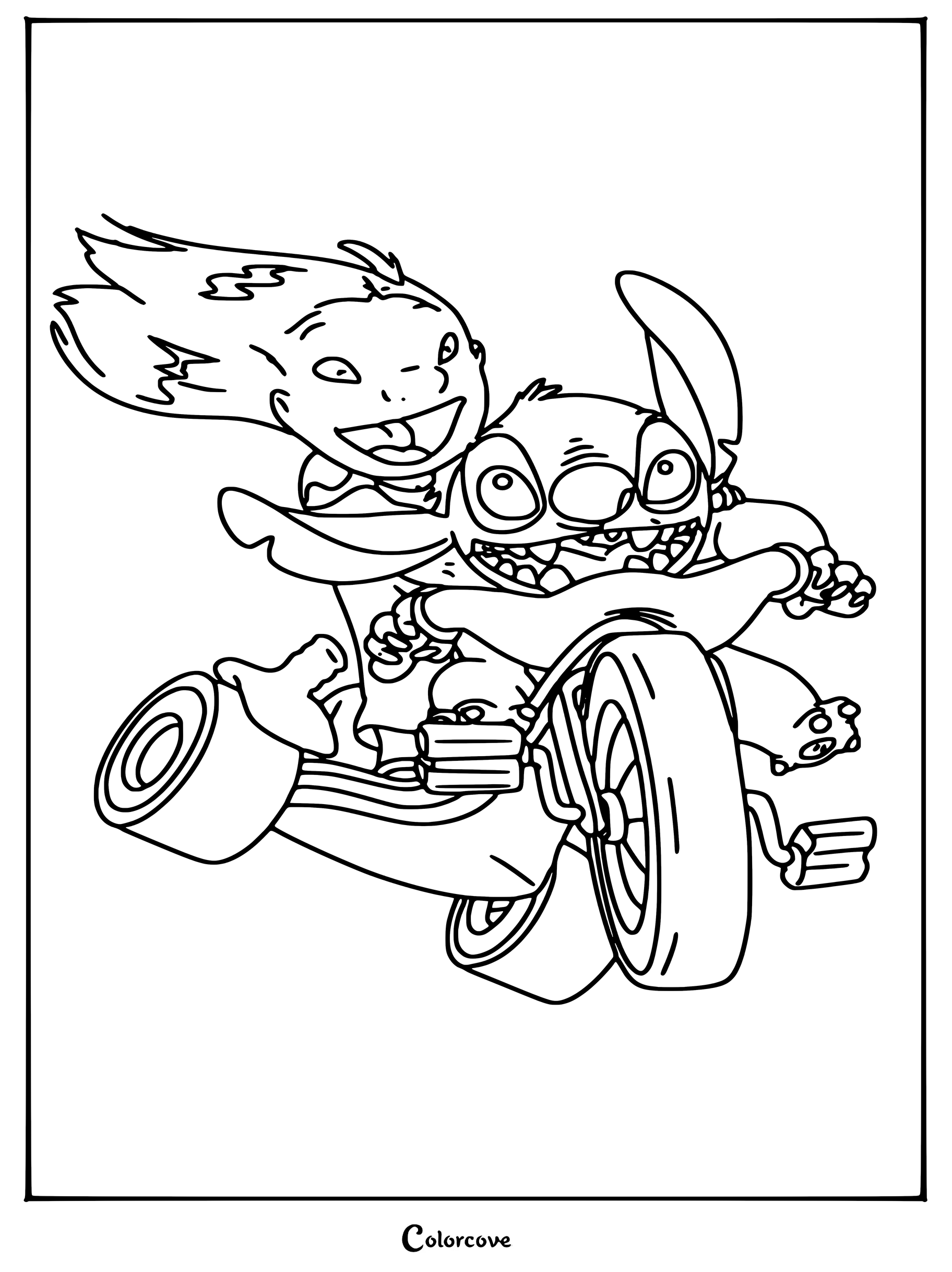 Un dibujo para colorear de Lilo y Stitch que muestra a Lilo y Stitch montando juntos en un triciclo.