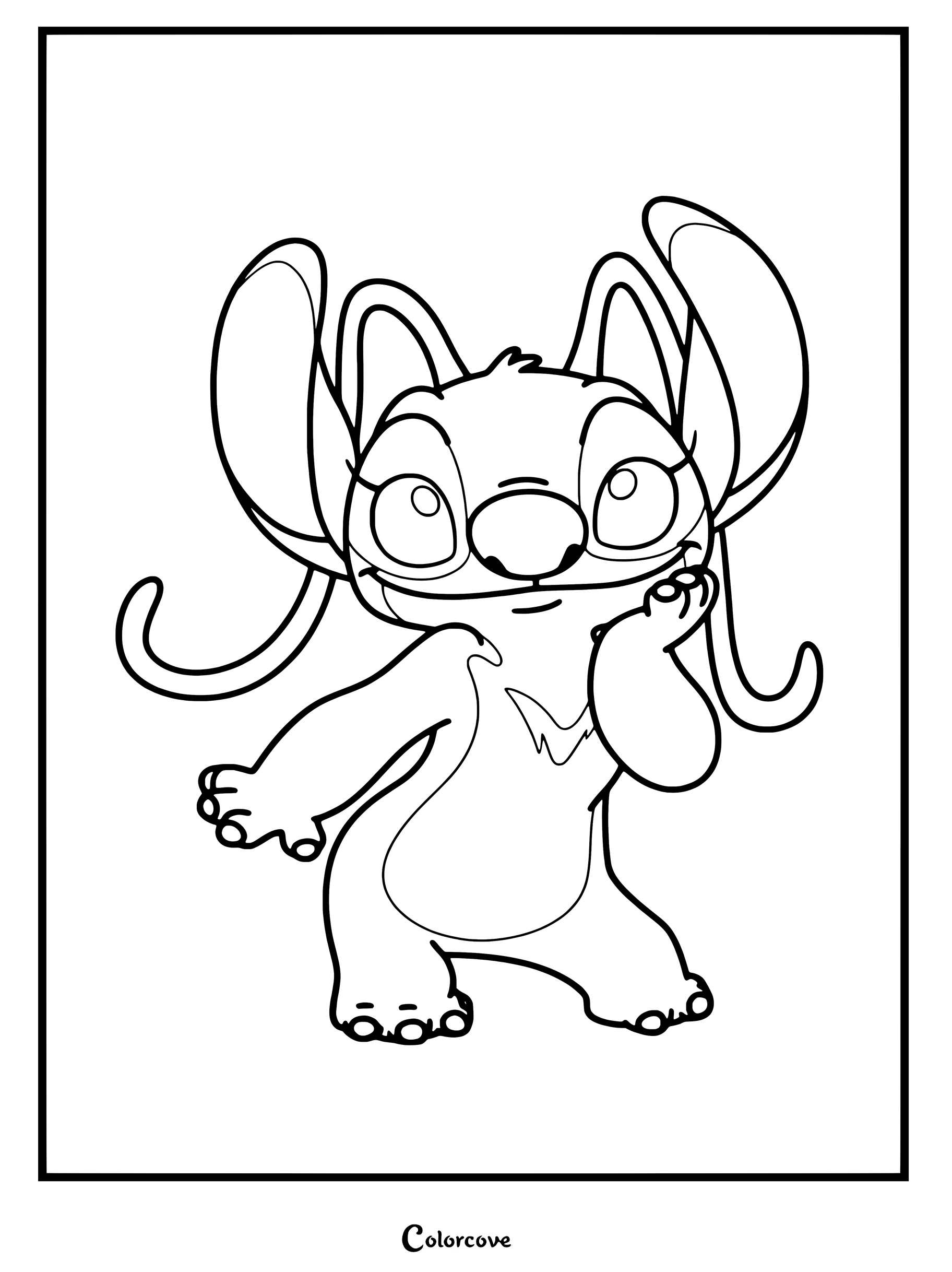 Dibujo para colorear de Lilo y Stitch con Ángel en una pose juguetona y curiosa.