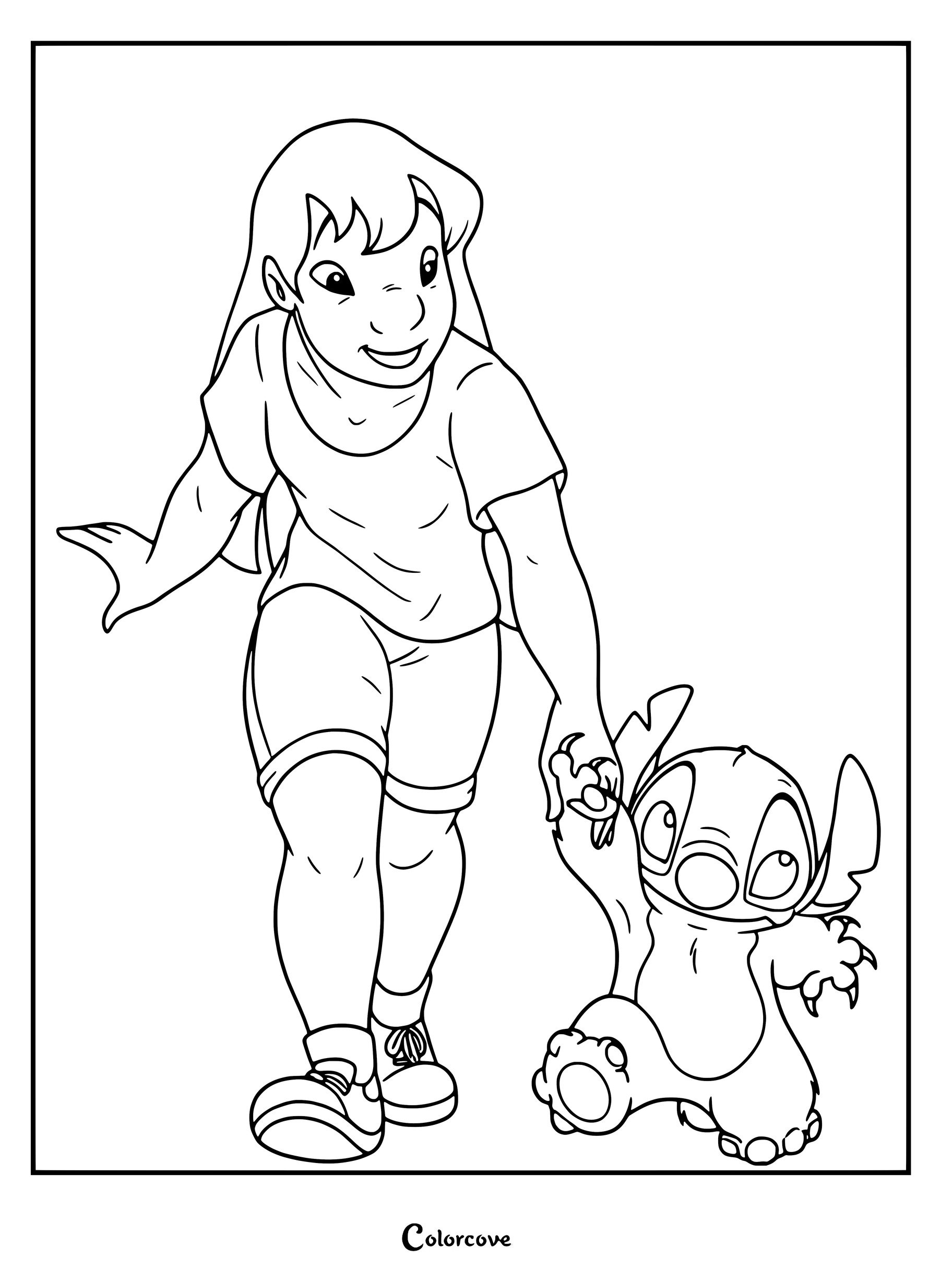 Dibujo para colorear de Lilo y Stitch que muestra una versión más adulta de Lilo caminando de la mano con Stitch.