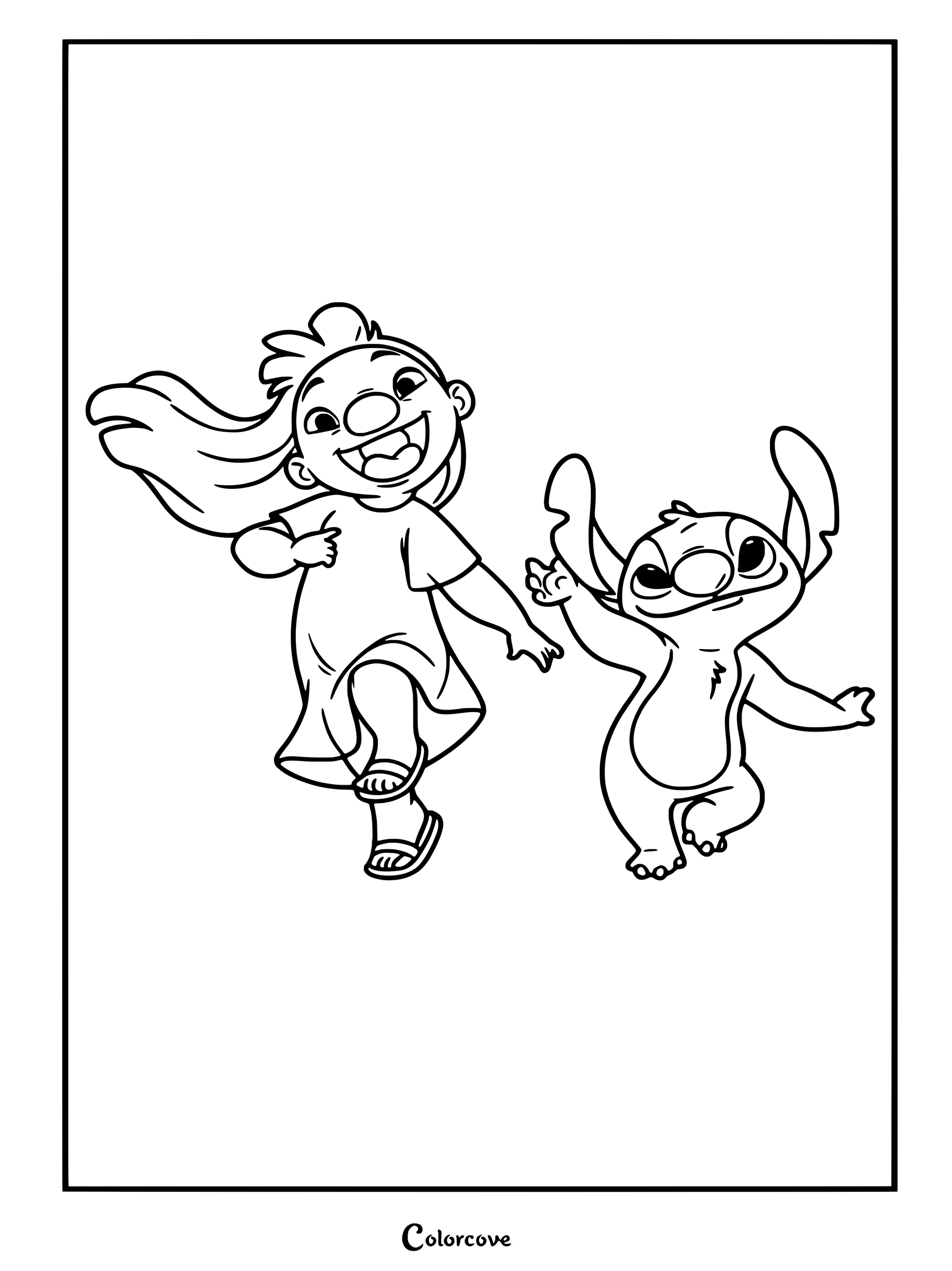 Lilo y Stitch saltando juntos alegremente en un dibujo para colorear imprimible gratuito de Lilo y Stitch.