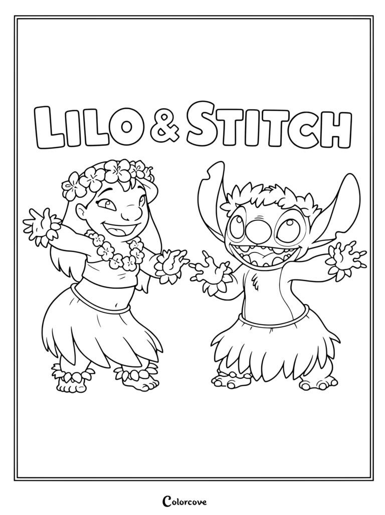 Dibujo para colorear de Lilo y Stitch con Lilo y Stitch bailando Hula luciendo leis de flores y faldas de hierba.