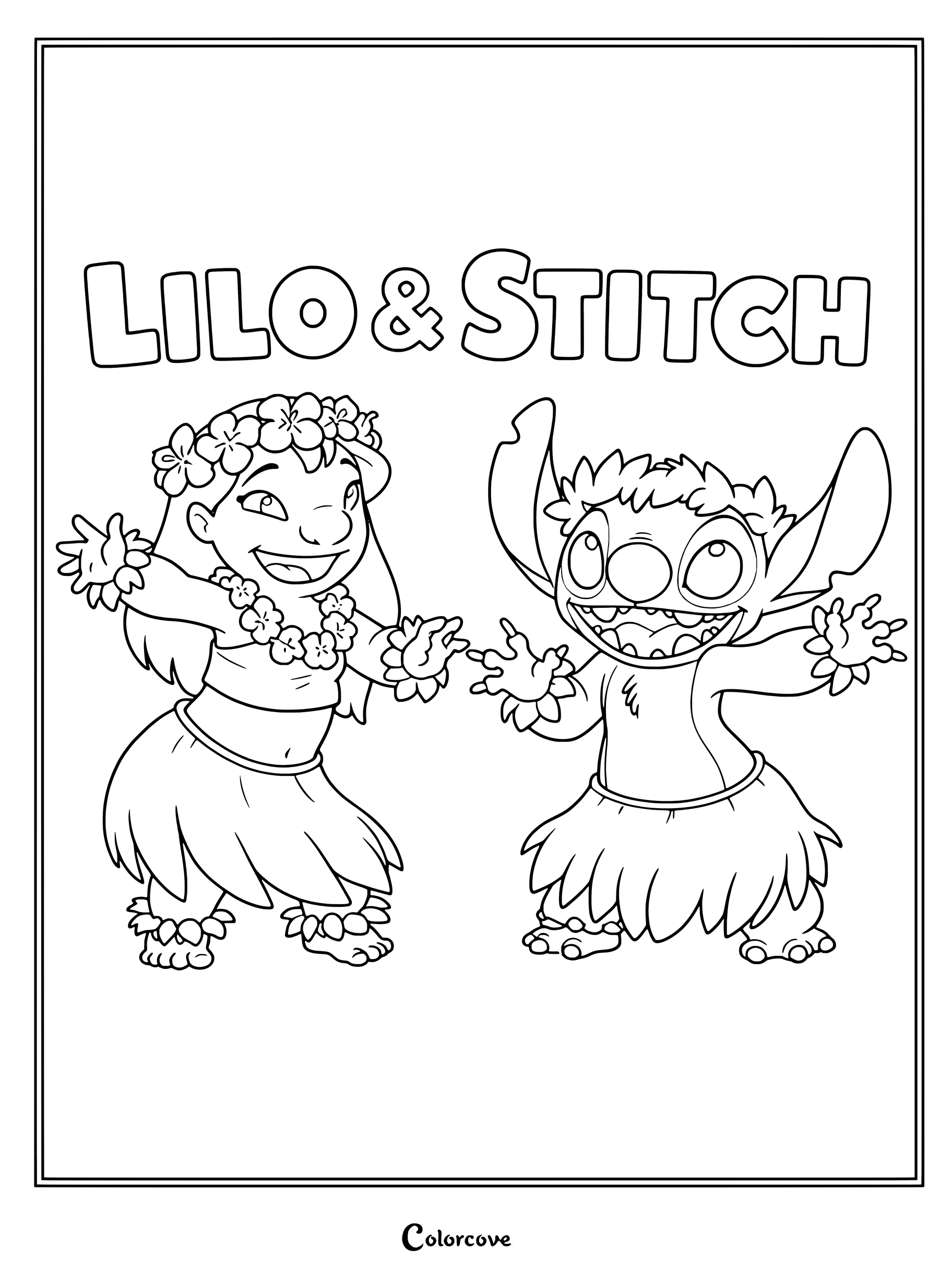 Dibujo para colorear de Lilo y Stitch con Lilo y Stitch bailando Hula luciendo leis de flores y faldas de hierba.