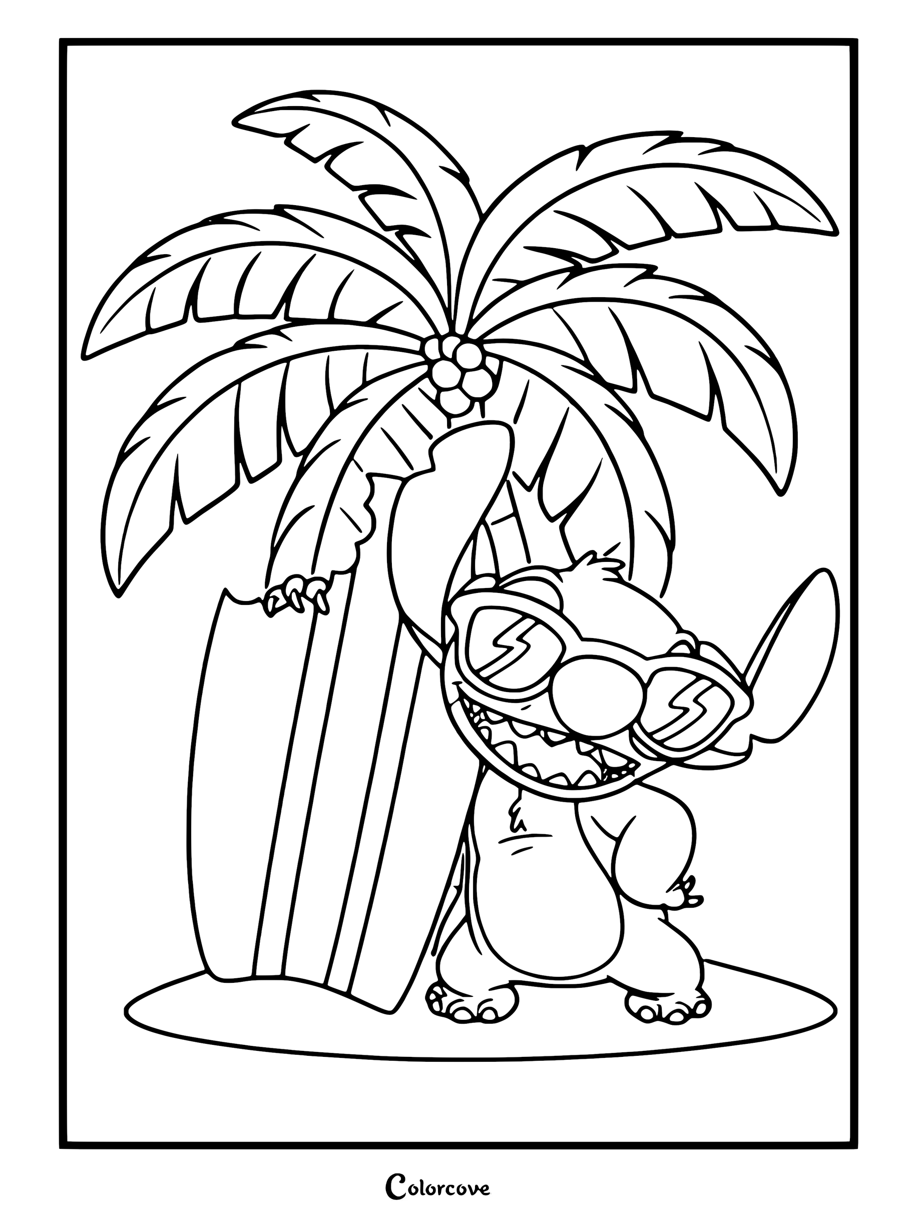 Dibujo para colorear de Lilo con una tabla de surf y una palmera de Lilo y Stitch.