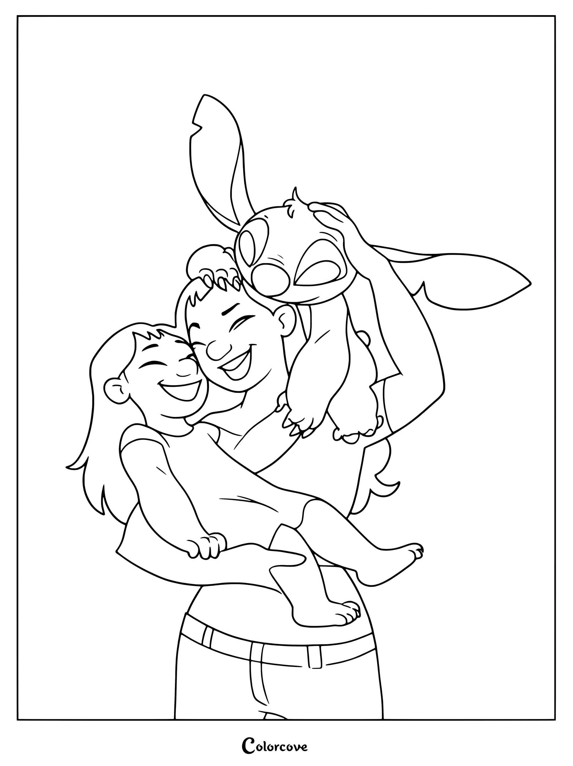 Dibujo para colorear de Lilo, Nani y Stitch con Nani abrazando a Lilo mientras Stitch descansa sobre su hombro.