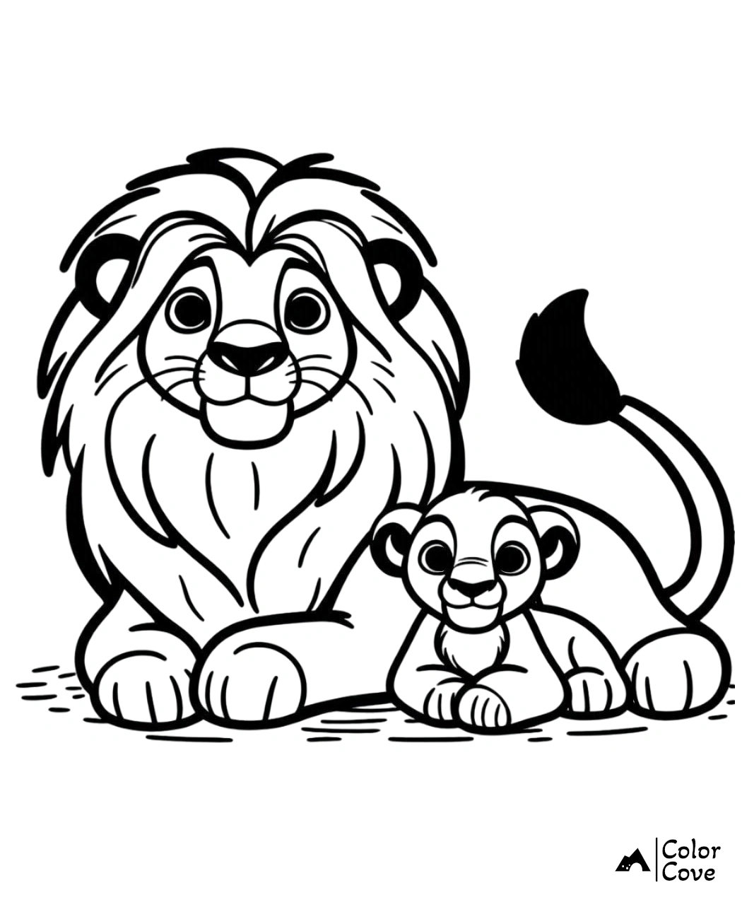 a black and white drawing of a lion and a baby lion