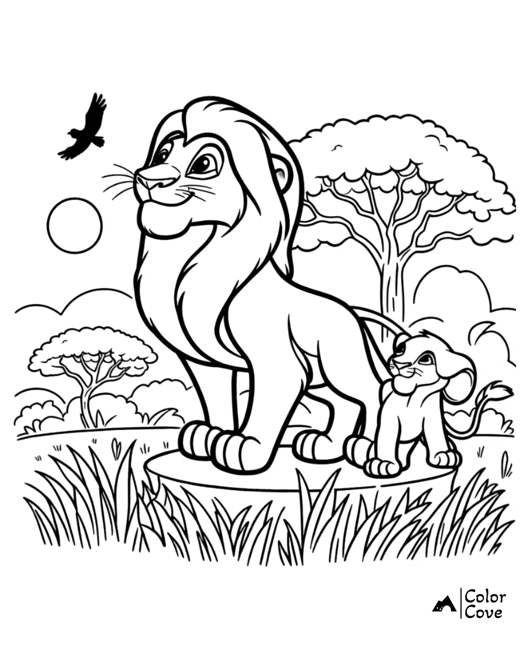 a black and white drawing of a lion and a baby lion