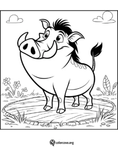 Warthog coloring page, perfect for kids. Printable cartoon animal picture to color and enjoy. Ideal for nature-themed activities.