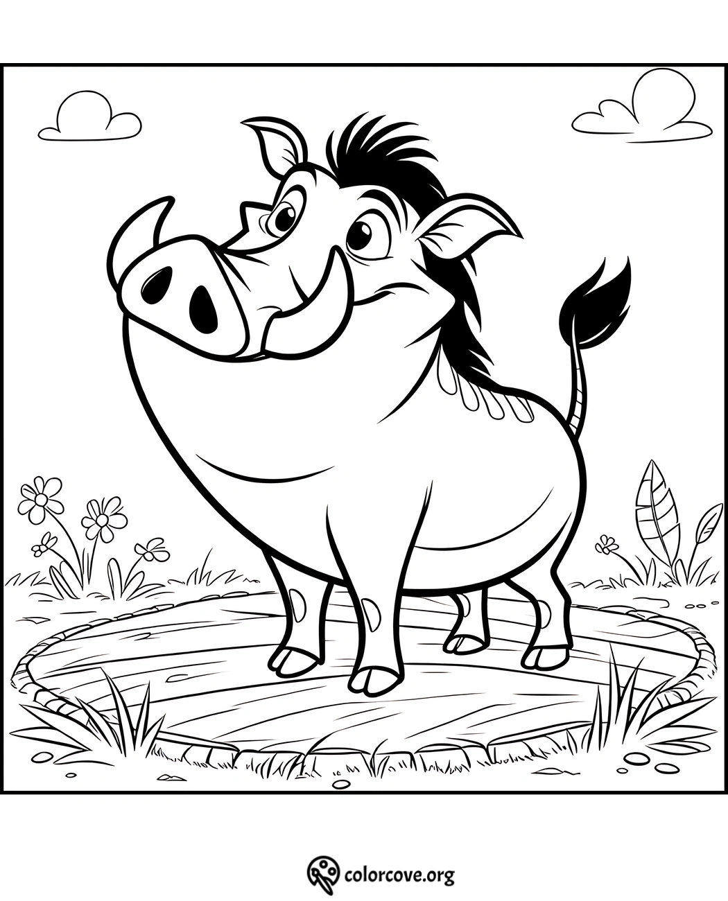 Warthog coloring page, perfect for kids. Printable cartoon animal picture to color and enjoy. Ideal for nature-themed activities.