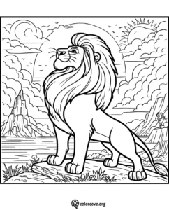 Majestic lion standing on a rock, overlooking a scenic landscape, sun and clouds in the background, coloring page.