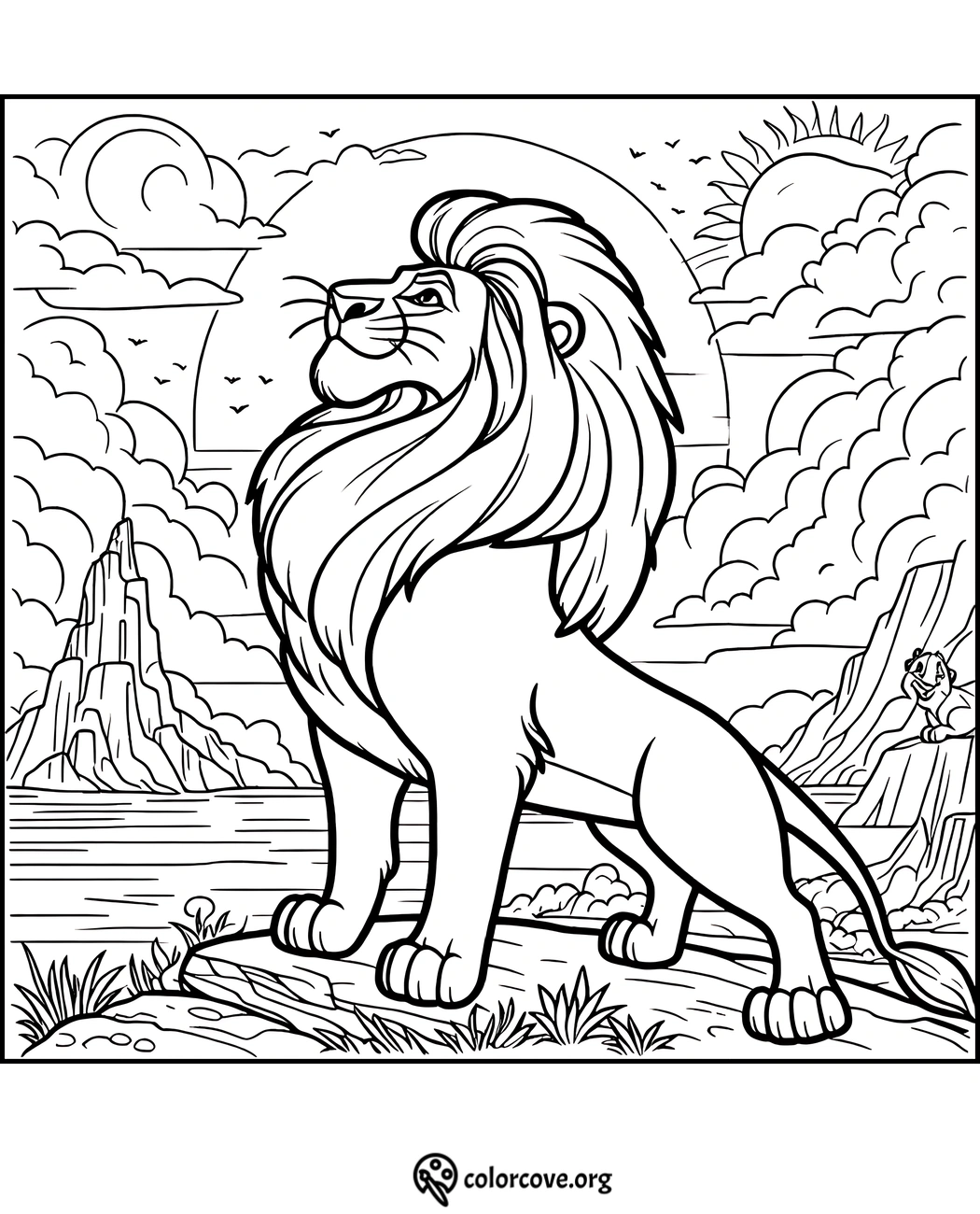 Majestic lion standing on a rock, overlooking a scenic landscape, sun and clouds in the background, coloring page.