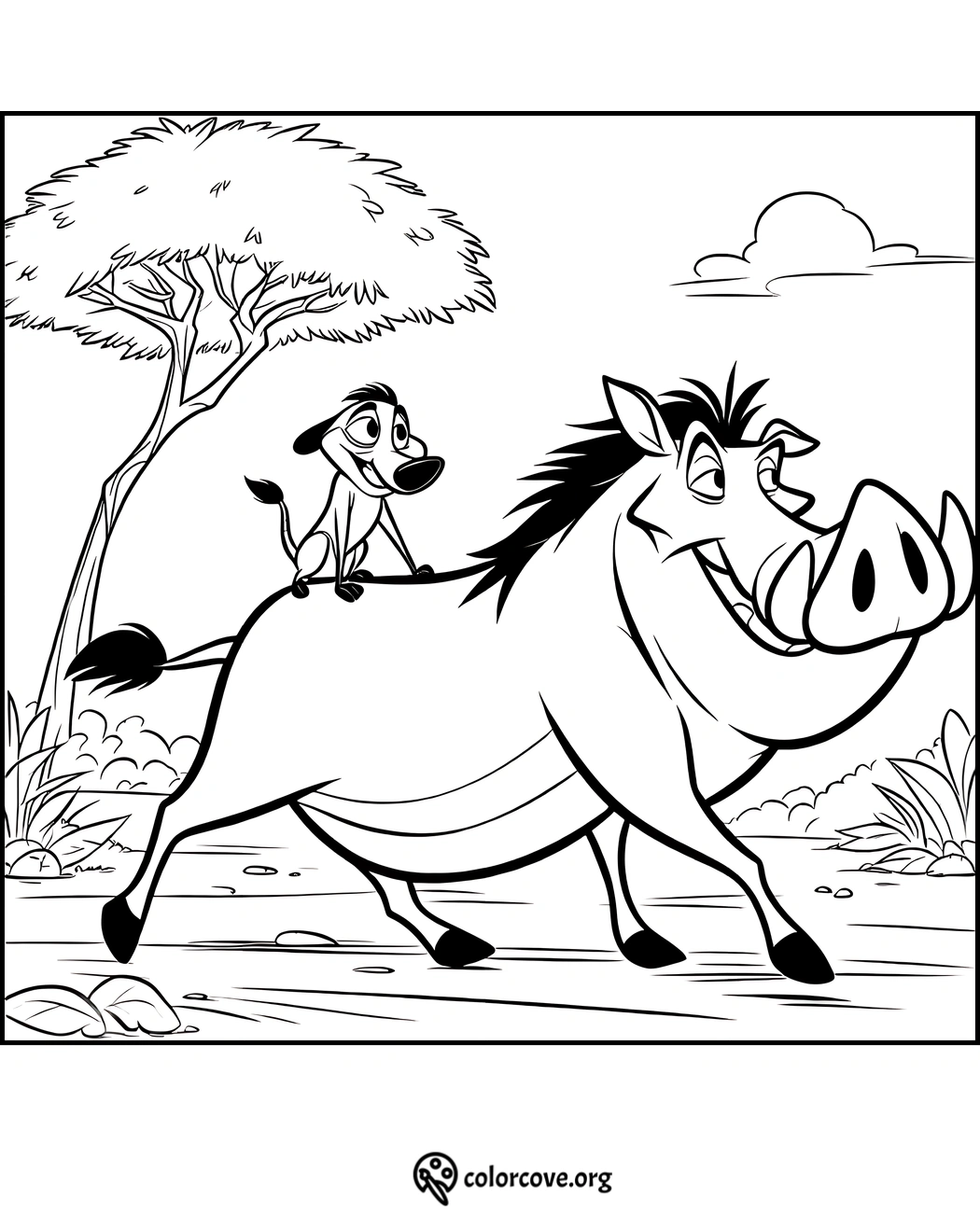 Timon riding on Pumbaa's back coloring page from The Lion King for kids at ColorCove.org.