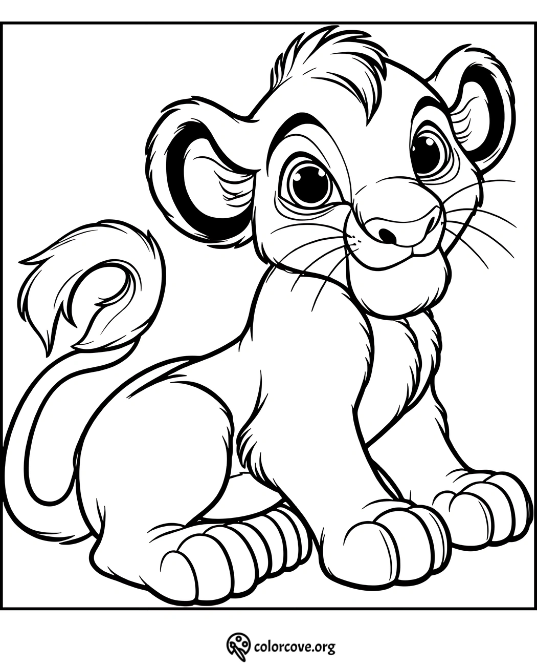 Cute lion cub coloring page for kids, featuring big eyes and an expressive face, by colorcove.org.