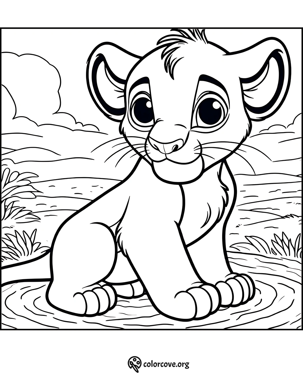 Coloring page of an adorable lion cub sitting by a river, with a scenic landscape background.