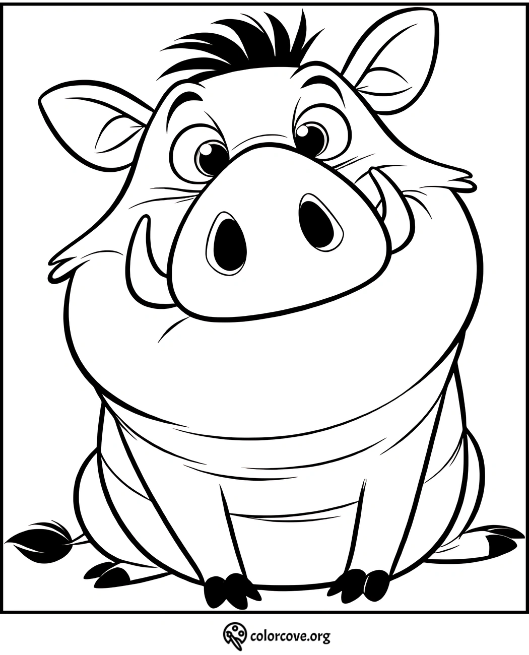 Coloring page of a happy cartoon warthog sitting, ready to be colored. Great for kids' activities and printable fun.