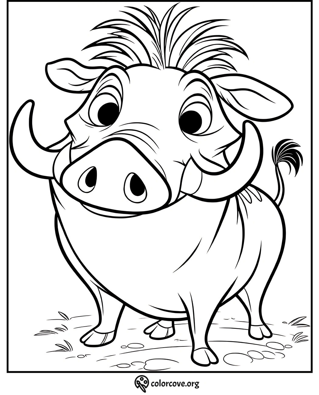 Coloring page of a cute warthog with tusks and a tuft of hair on its head. Ideal for kids' coloring activities.