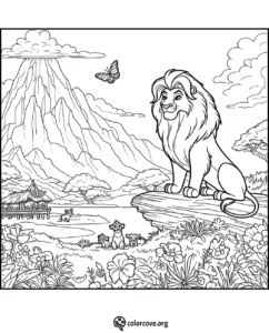 Coloring page of a majestic lion on a rock, with a scenic mountain, butterfly, and other animals in a lush landscape.
