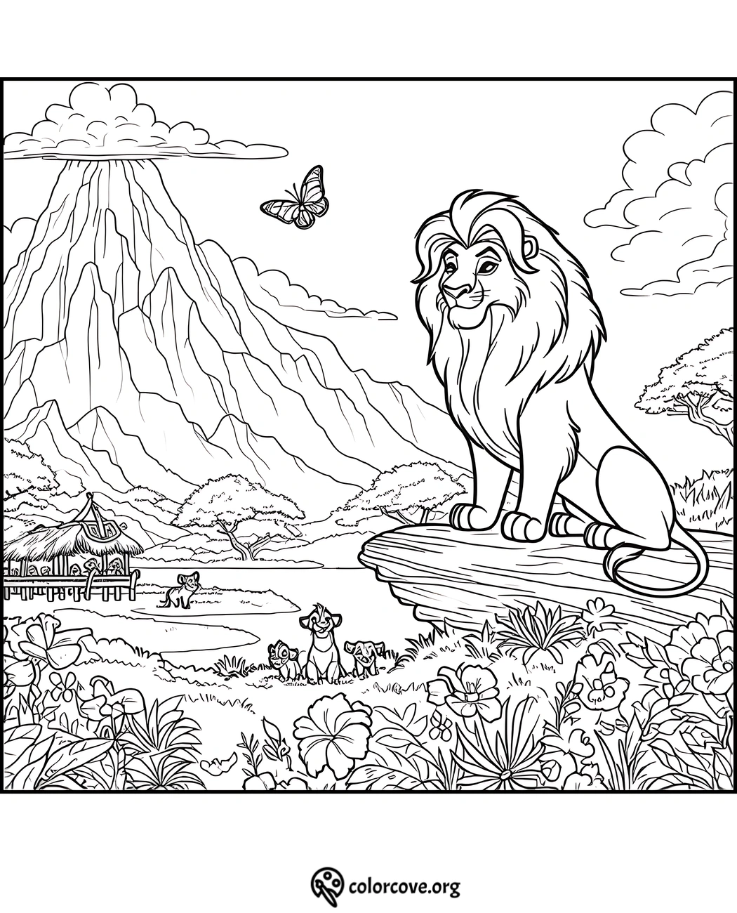 Coloring page of a majestic lion on a rock, with a scenic mountain, butterfly, and other animals in a lush landscape.