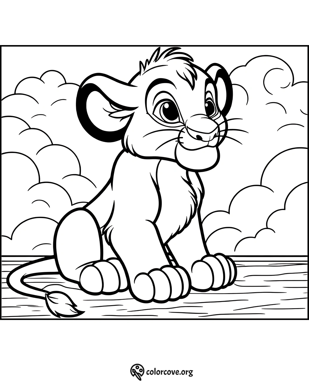 Lion cub coloring page with a cute character sitting against a cloudy sky background from Colorcove.org.