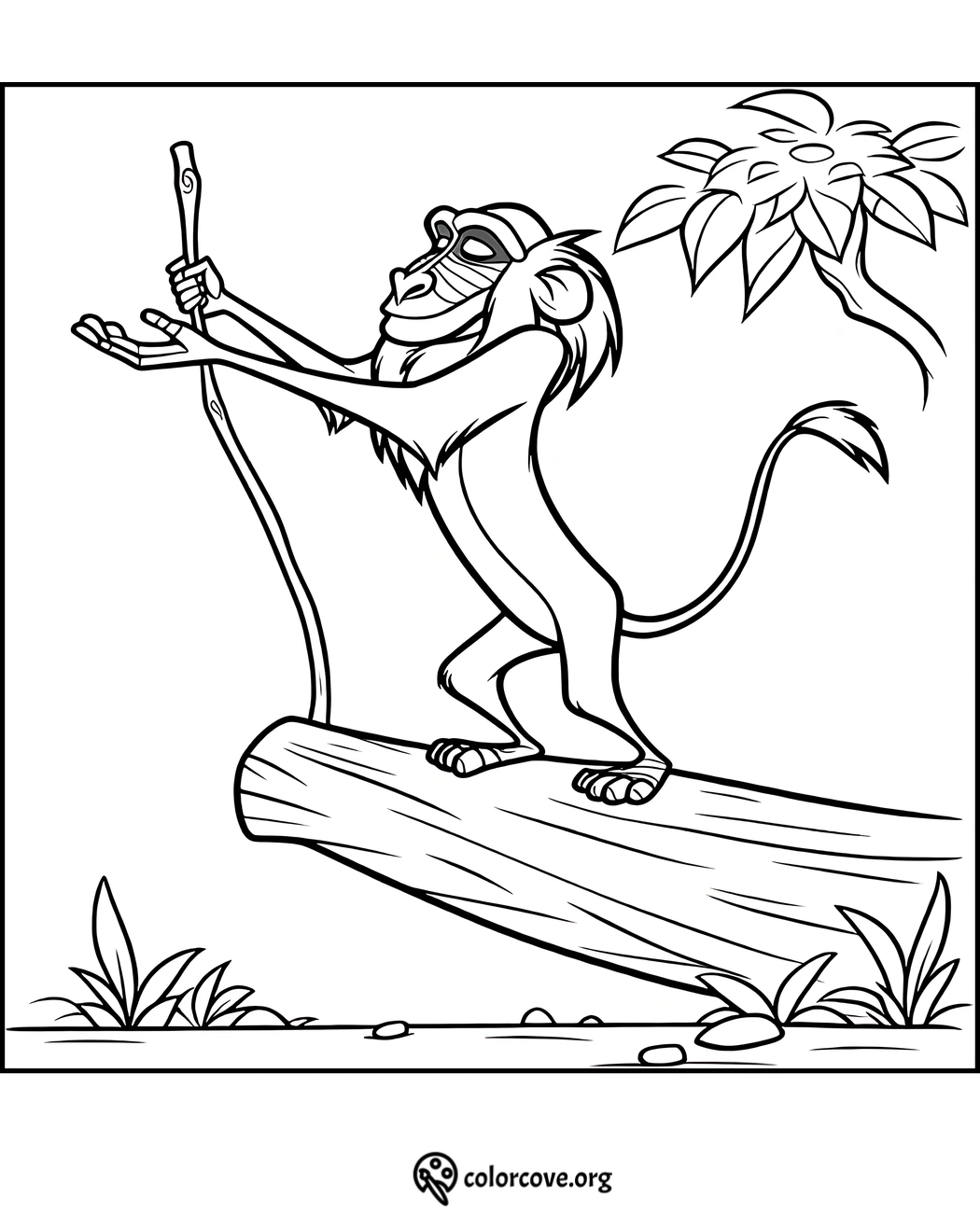 Coloring page of a wise monkey holding a staff and standing on a log near a tree branch. Ideal for kids and creativity.