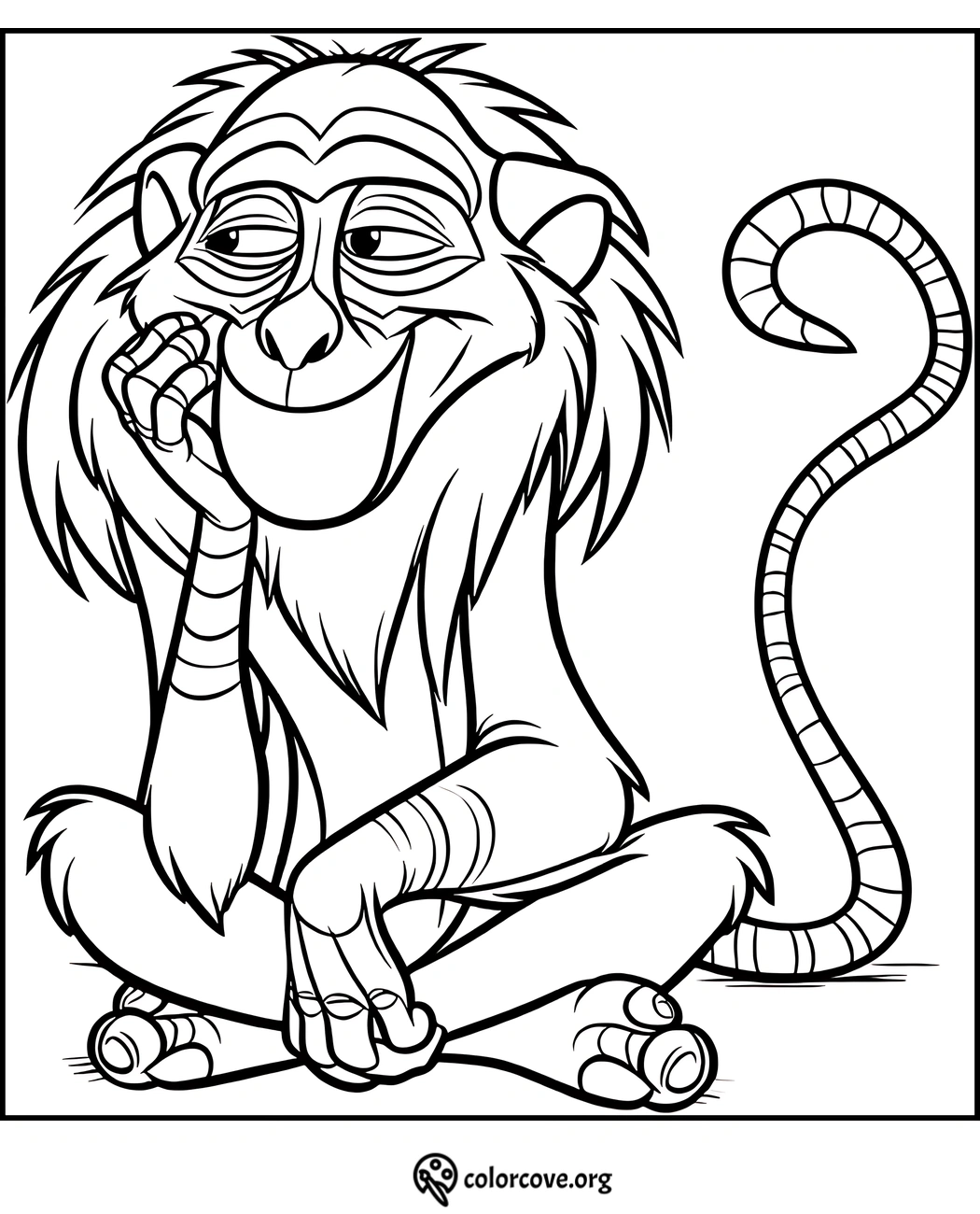 Monkey coloring page for kids featuring a seated monkey with a long tail and detailed facial expressions. Download and print.