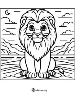 Lion coloring page featuring a majestic lion sitting in front of a mountain and river landscape under a crescent moon.