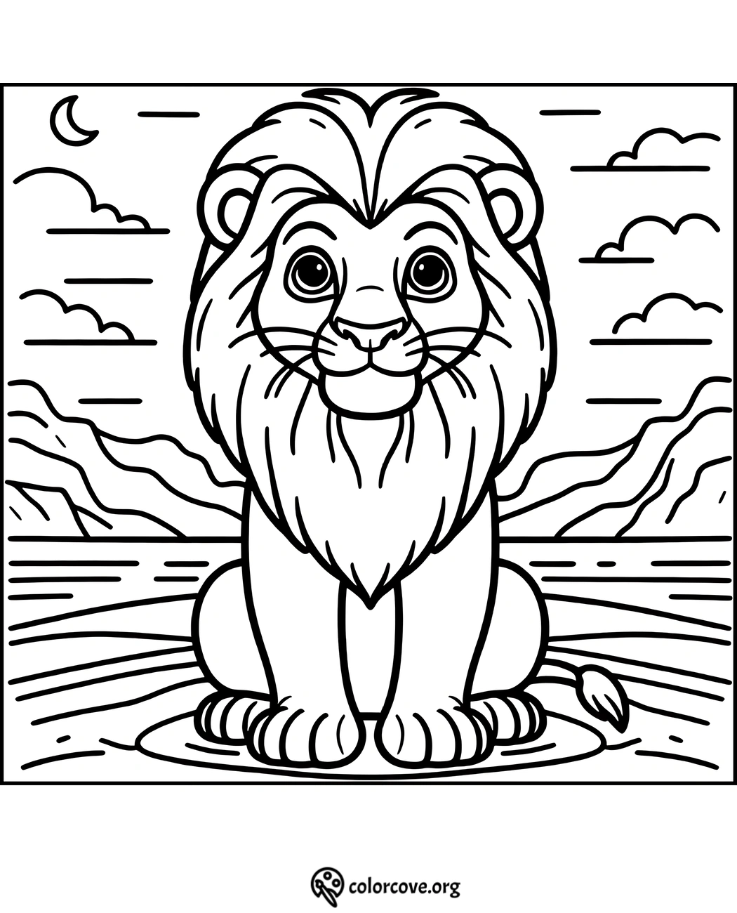 Lion coloring page featuring a majestic lion sitting in front of a mountain and river landscape under a crescent moon.