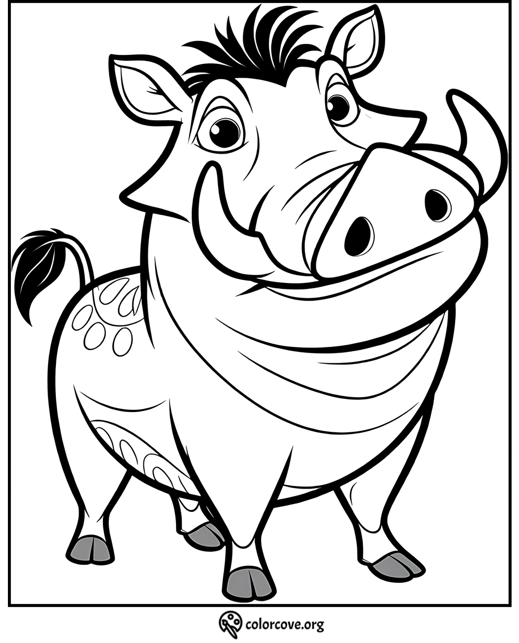 Coloring page of a cheerful warthog smiling. Perfect for kids' activities and creative fun.