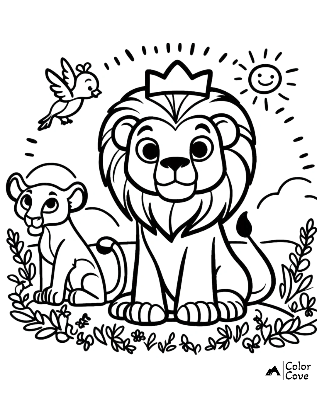 a black and white drawing of a lion and a baby lion