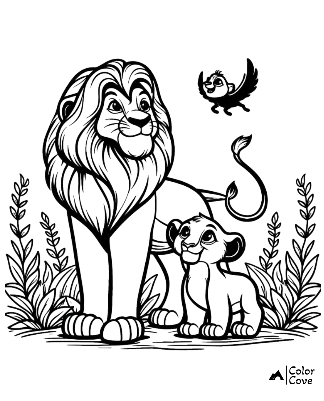 a black and white drawing of a lion and a baby lion