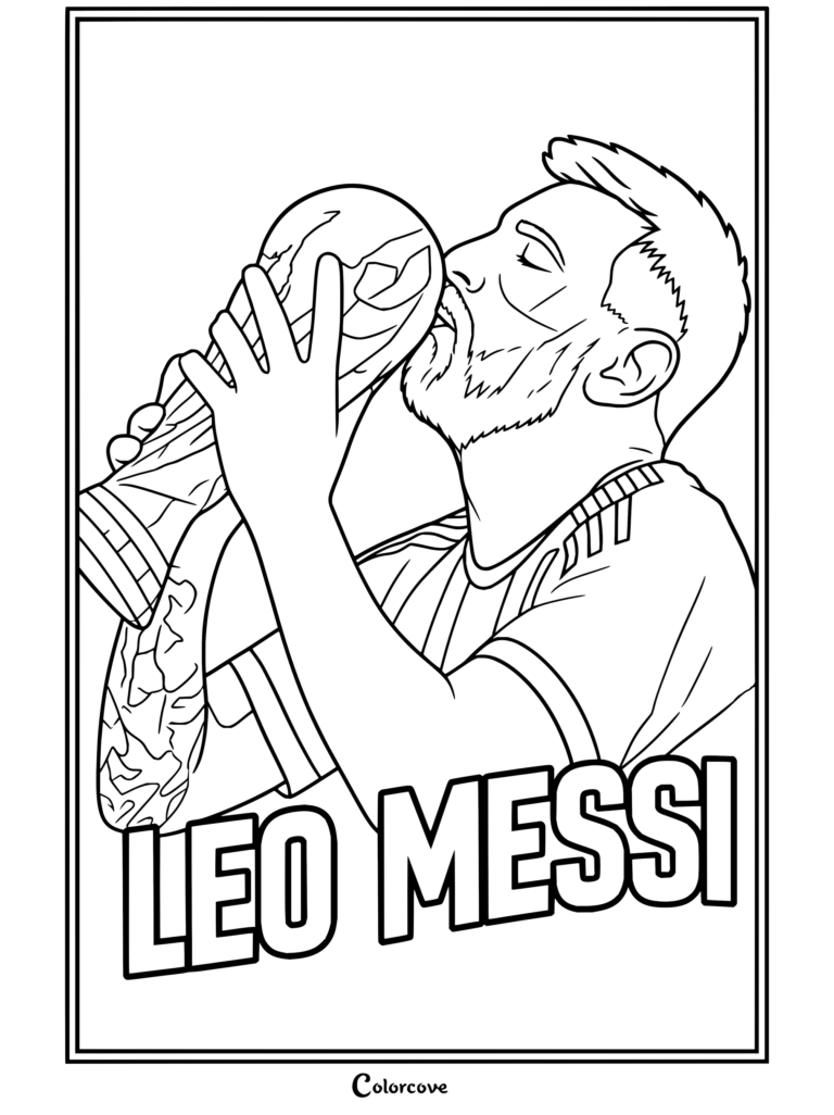 Coloriage de Lionel Messi embrassant le trophée de la Coupe du Monde de la FIFA, portant le maillot de l'Argentine.