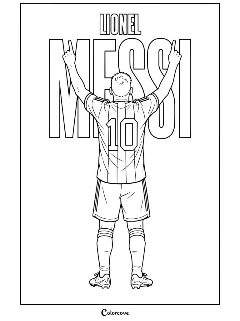 Coloriage de Lionel Messi célébrant les bras levés dans le stade, vêtu du maillot numéro 10 de l'Argentine.