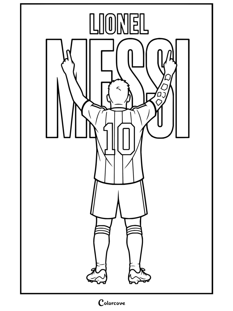 Coloriage de Lionel Messi célébrant les bras levés dans un stade, portant le maillot numéro 10 de l'Argentine.