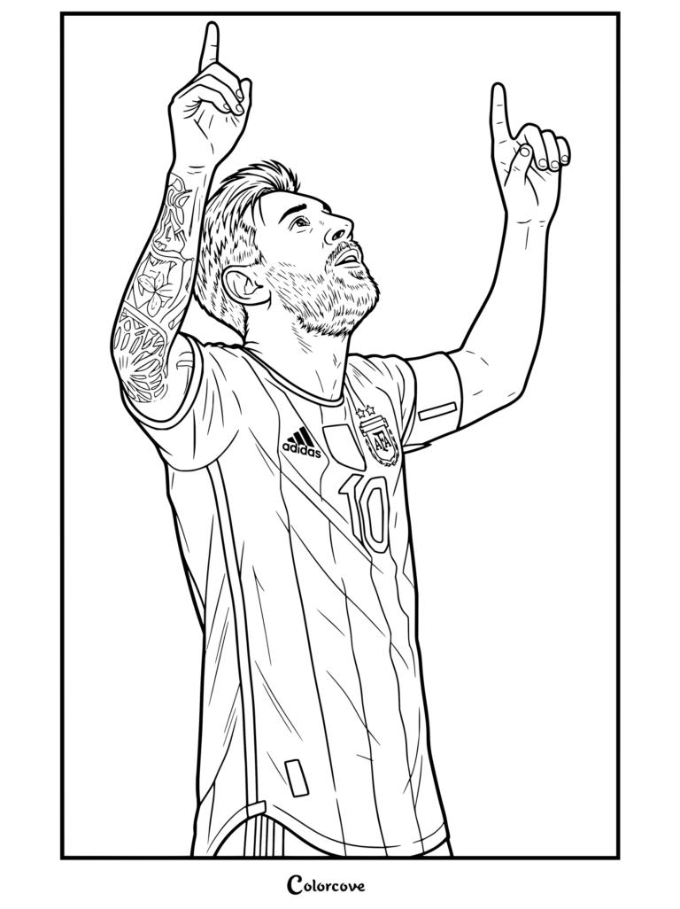 Coloriage de Lionel Messi célébrant les mains levées pointant vers le ciel, vêtu du maillot domicile de l'Argentine et montrant son bras tatoué.