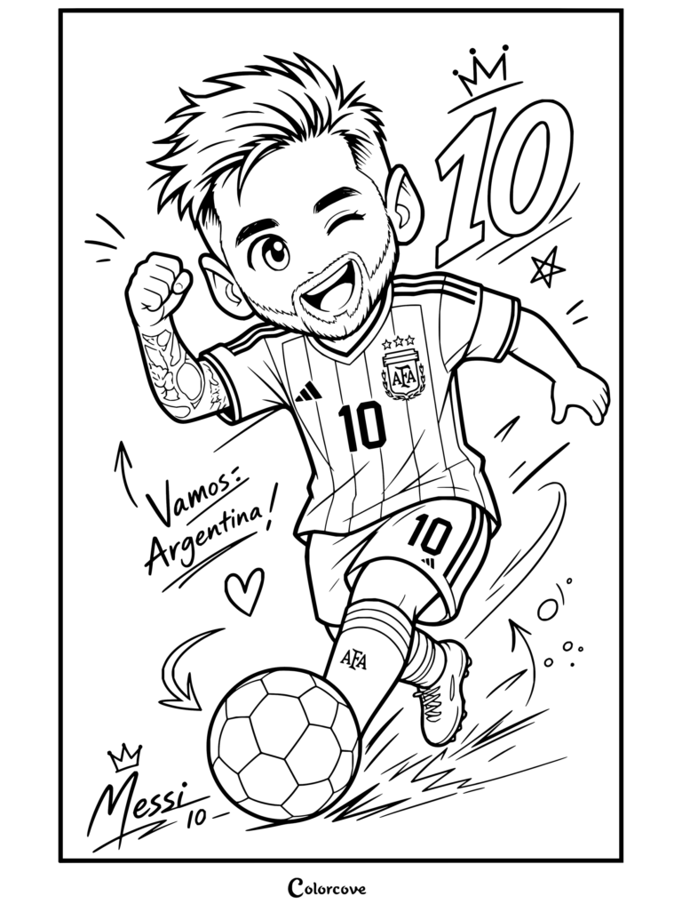 Coloriage gratuit de Lionel Messi en version chibi dessin animé portant le maillot de l'Argentine, tirant dans un ballon de football avec un clin d'œil et un sourire.