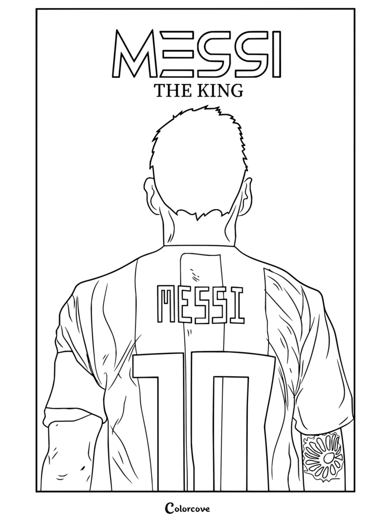 Un coloriage de Lionel Messi de dos portant le maillot domicile numéro 10 de l'Argentine avec la typographie « Lionel Messi The King ».