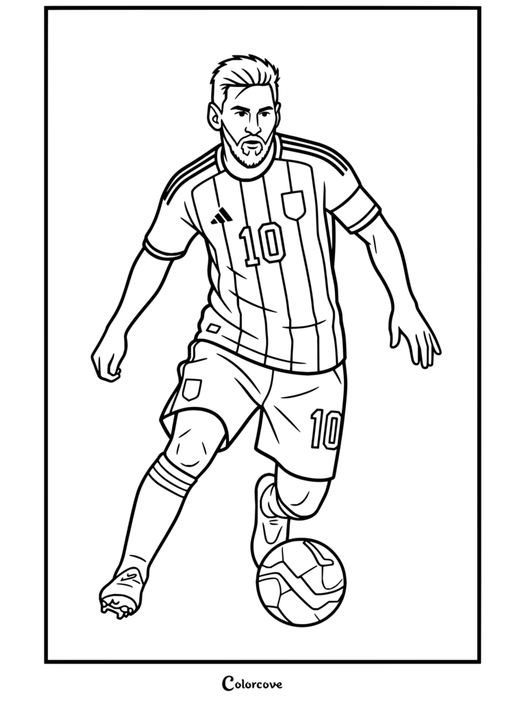 Coloriage à imprimer de Lionel Messi en maillot domicile de l'Argentine dribblant un ballon de football, sur un fond artistique de coups de pinceau bleus et jaunes.