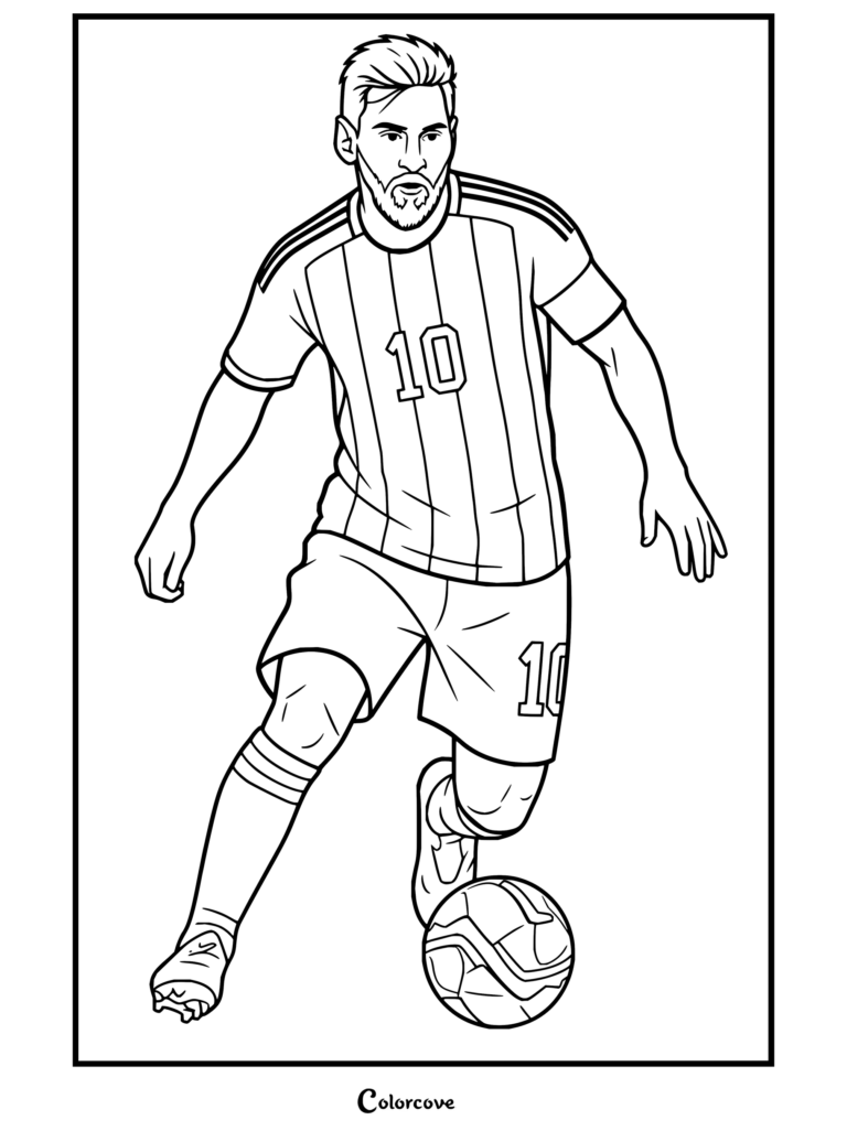 Coloriage de Lionel Messi montrant le joueur avec le maillot domicile de l'Argentine, dribblant un ballon de football avec son brassard de capitaine et ses tatouages.