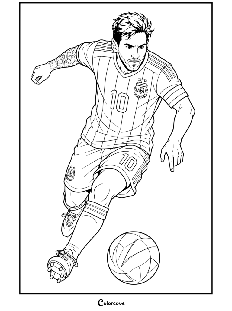 Coloriage à imprimer de Lionel Messi dans son maillot domicile de l'Argentine, dribblant un ballon de football sur un fond artistique d'éclaboussures.
