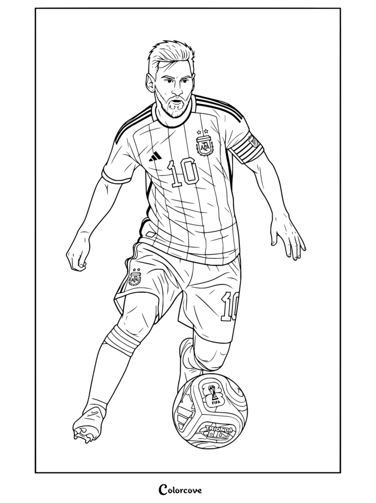 Coloriage de Lionel Messi en maillot domicile de l'Argentine dribblant avec un ballon de football.